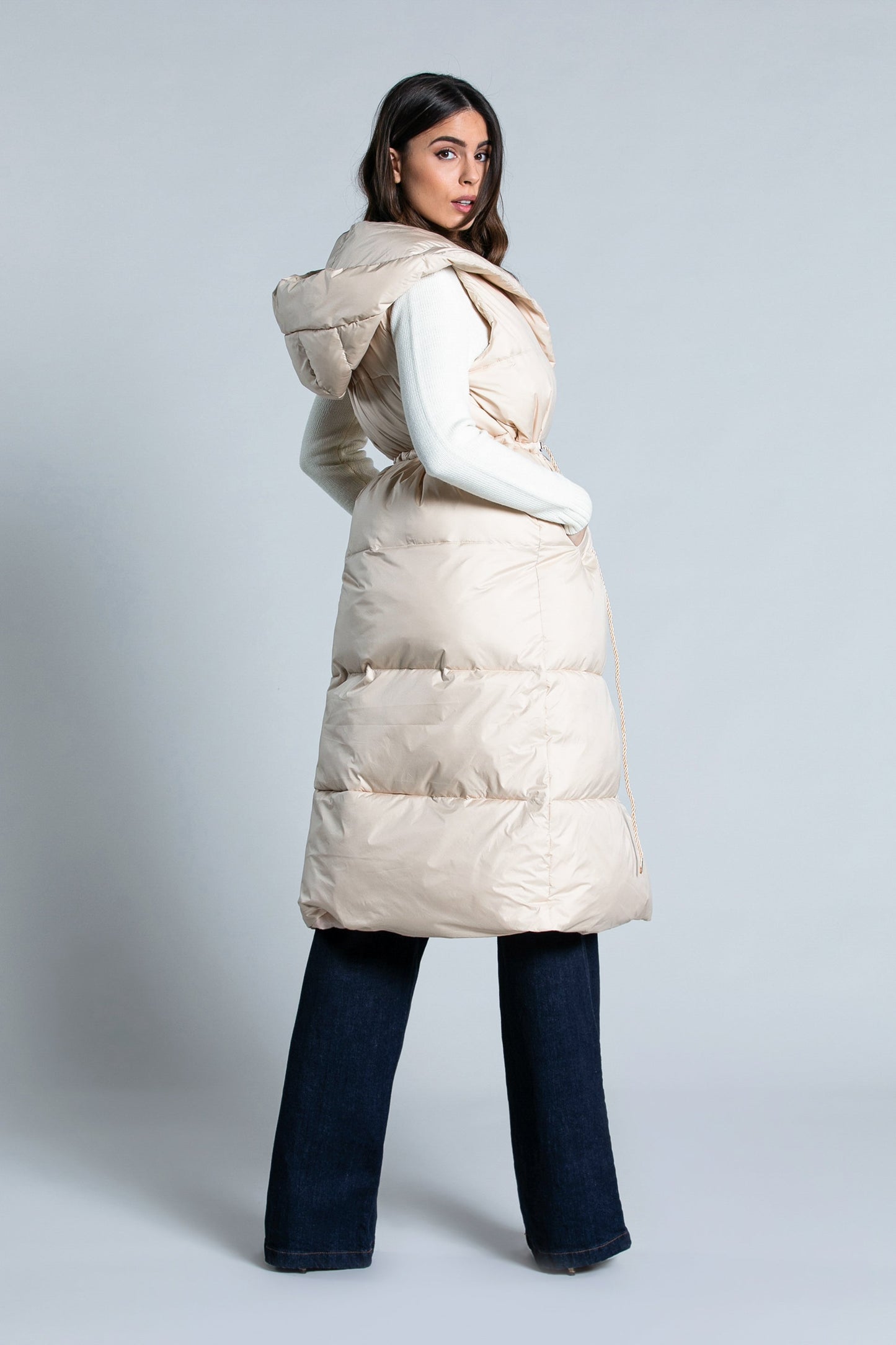 SMANIK长款无袖羽绒服连帽加纽扣加口袋加抽绳