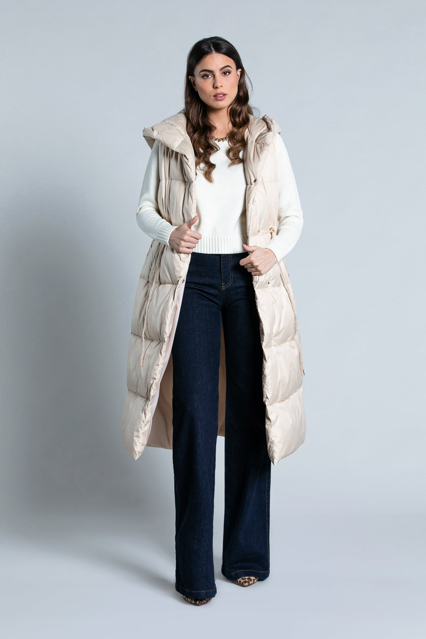 SMANIK长款无袖羽绒服连帽加纽扣加口袋加抽绳