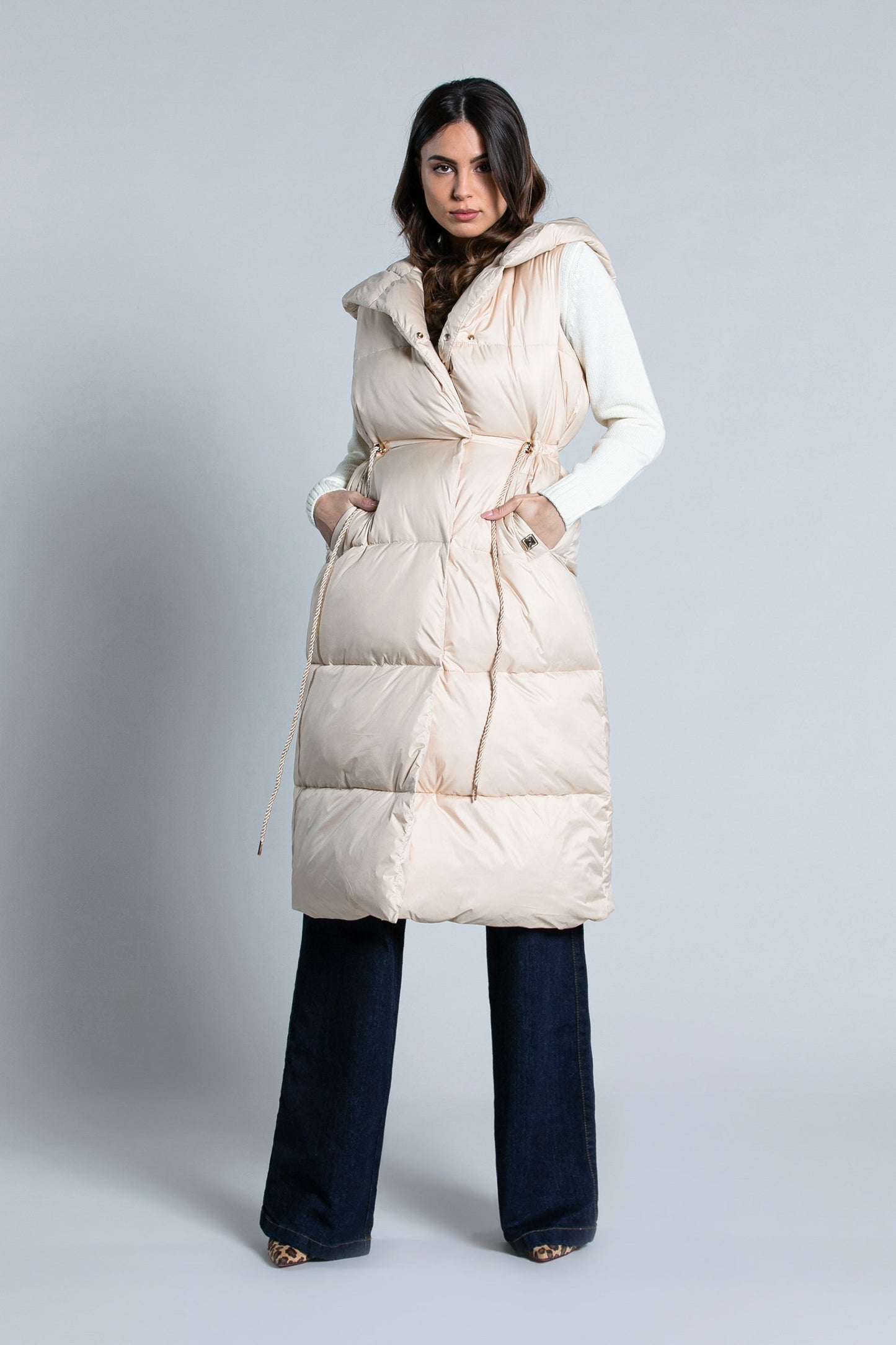 SMANIK长款无袖羽绒服连帽加纽扣加口袋加抽绳