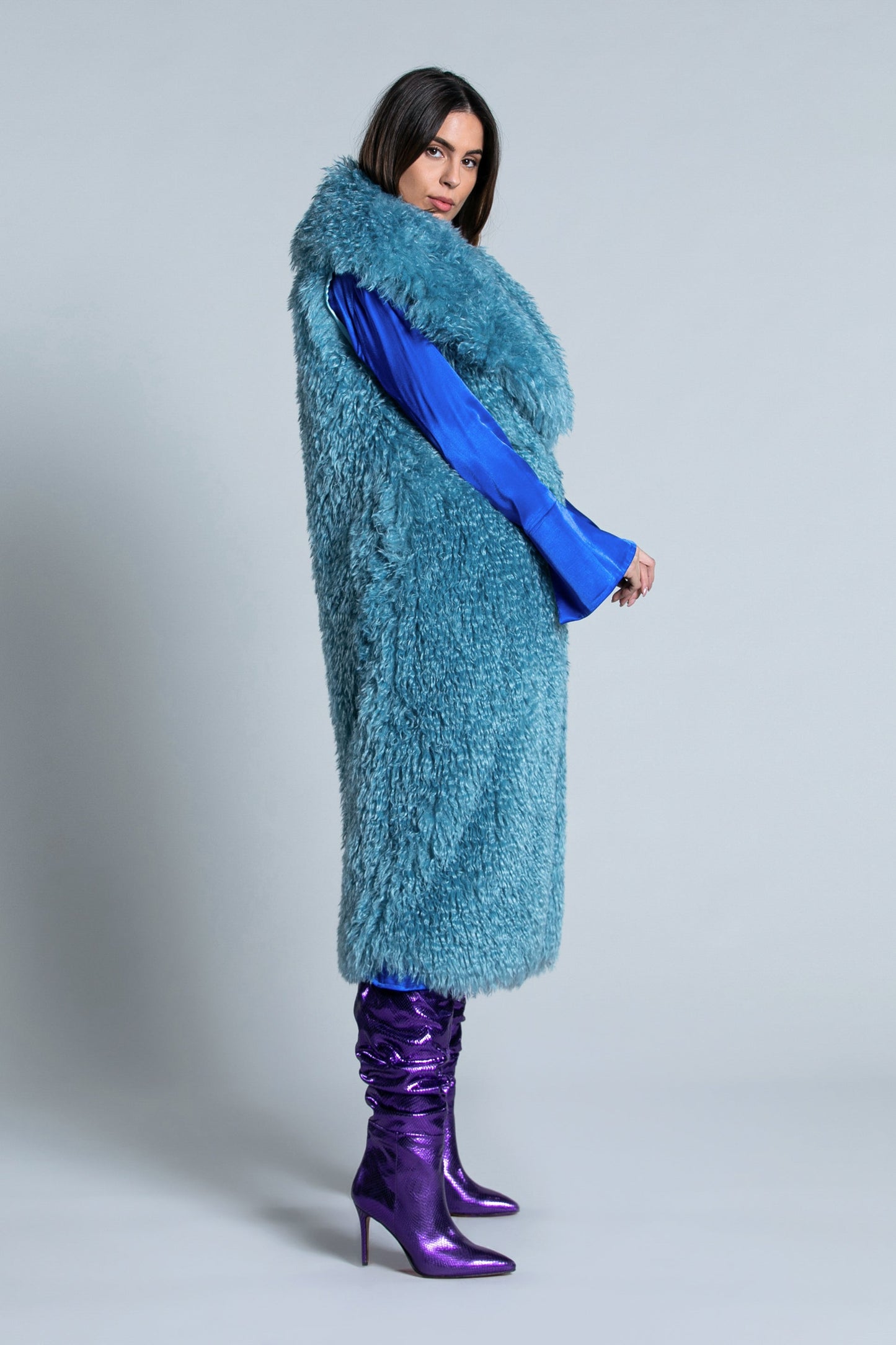 YET 生态毛皮长袖无袖宽领 1 颗纽扣