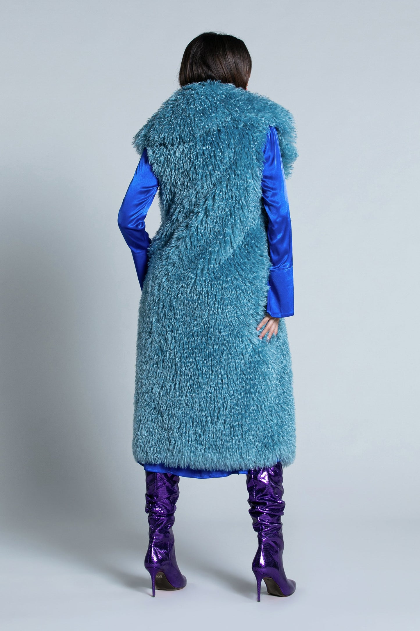 YET 生态毛皮长袖无袖宽领 1 颗纽扣