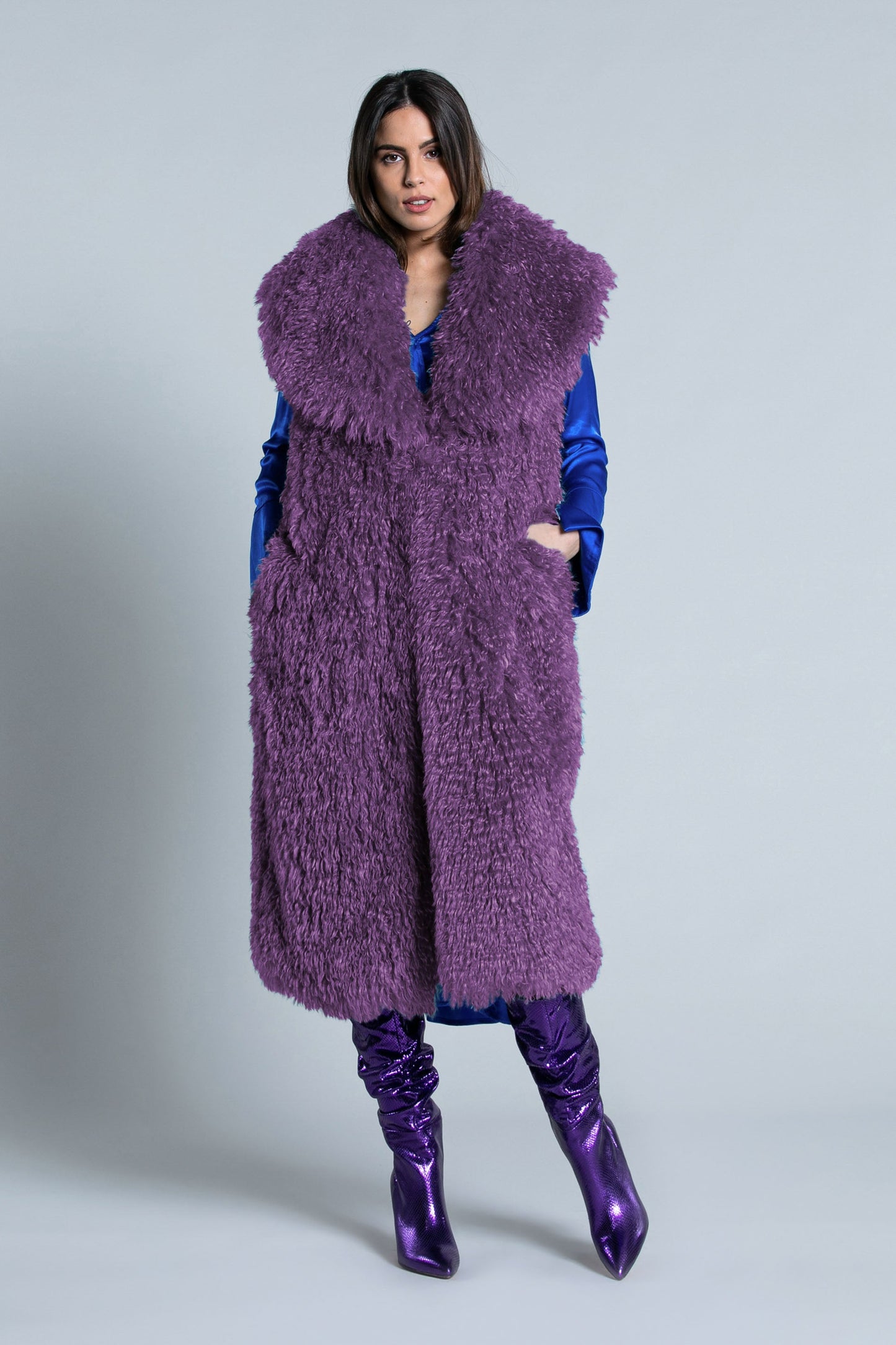 YET 生态毛皮长袖无袖宽领 1 颗纽扣