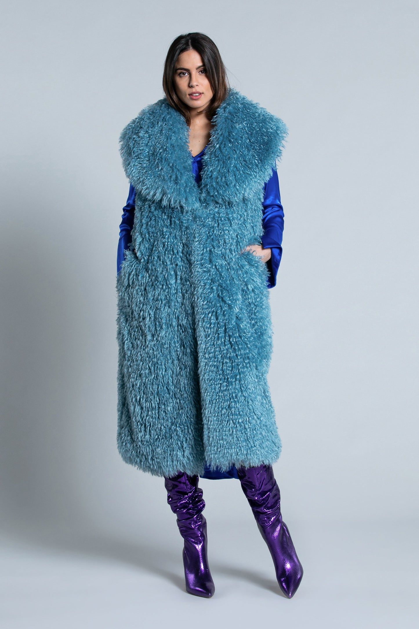 YET 生态毛皮长袖无袖宽领 1 颗纽扣