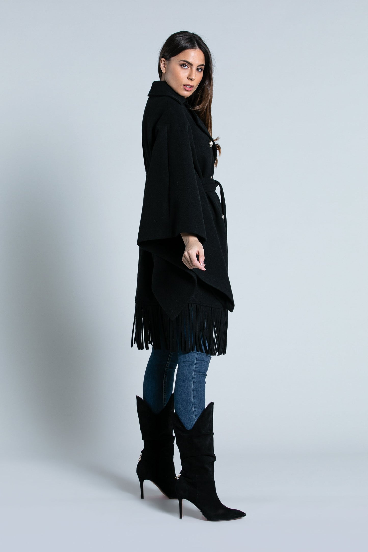 SOLE 流苏长大衣 3/4 袖胸前和服加纽扣加腰带