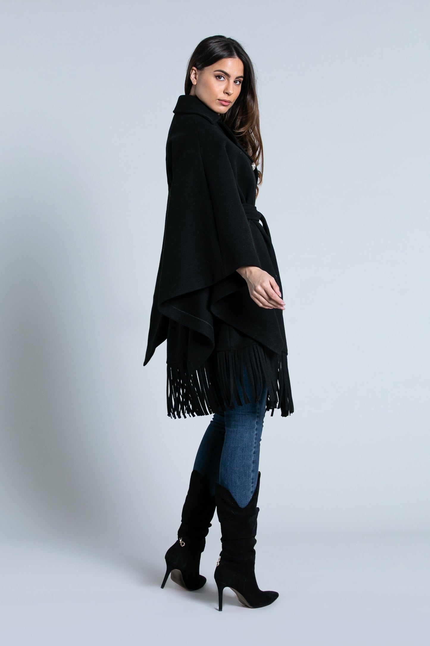 SOLE 流苏长大衣 3/4 袖胸前和服加纽扣加腰带