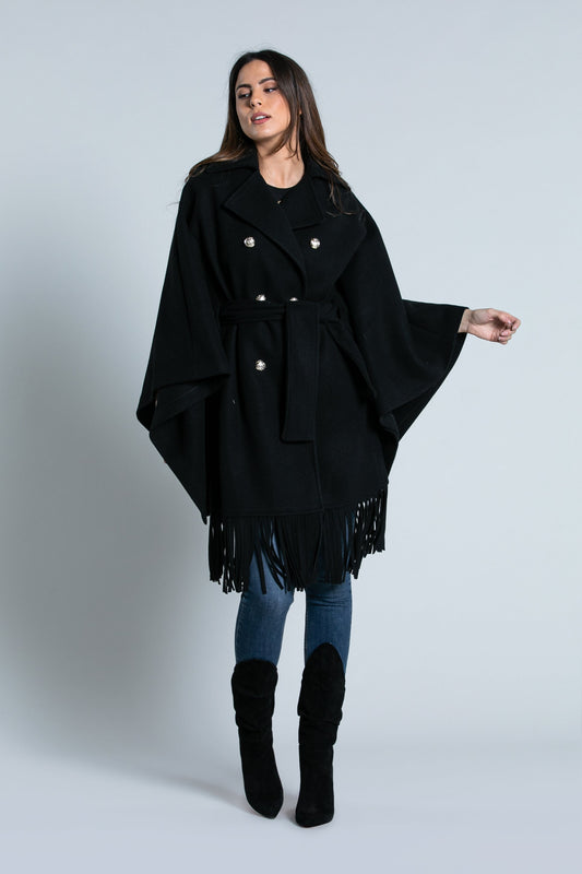 SOLE 流苏长大衣 3/4 袖胸前和服加纽扣加腰带