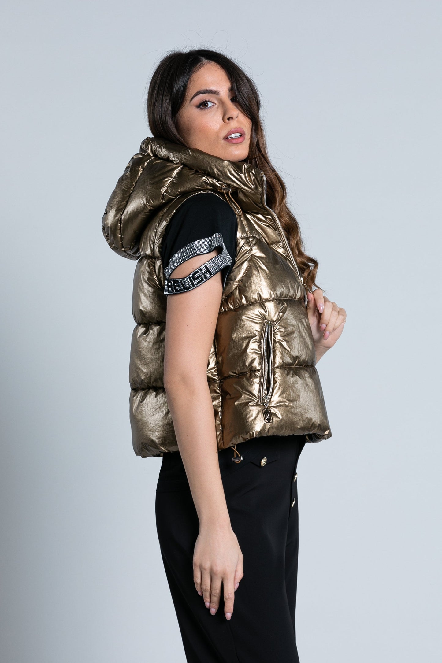 ZISAR 短款无袖羽绒服连帽加抽绳加拉链