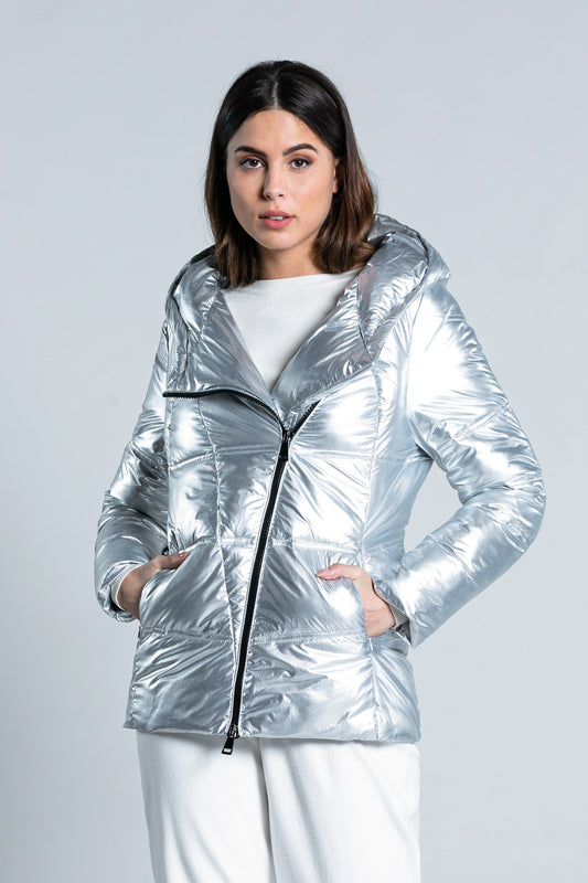 YLET 长袖羽绒服，带反式拉链和金属效果风帽