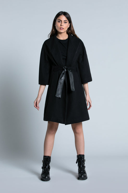 TAMMA 大衣 3/4 袖带内部腰带和人造皮革嵌件