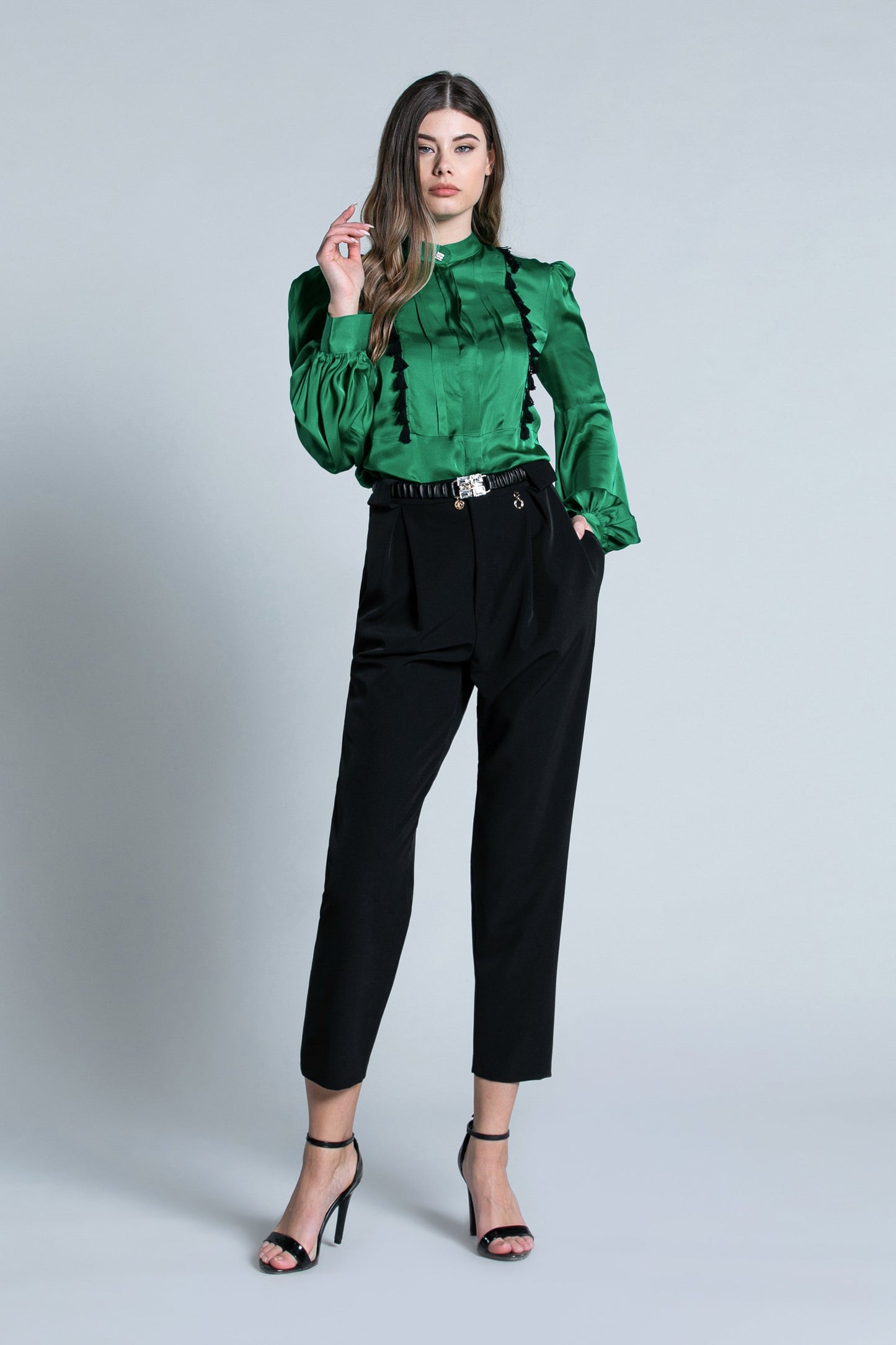 SETMUS 高腰长裤，褶皱加腰带环加口袋