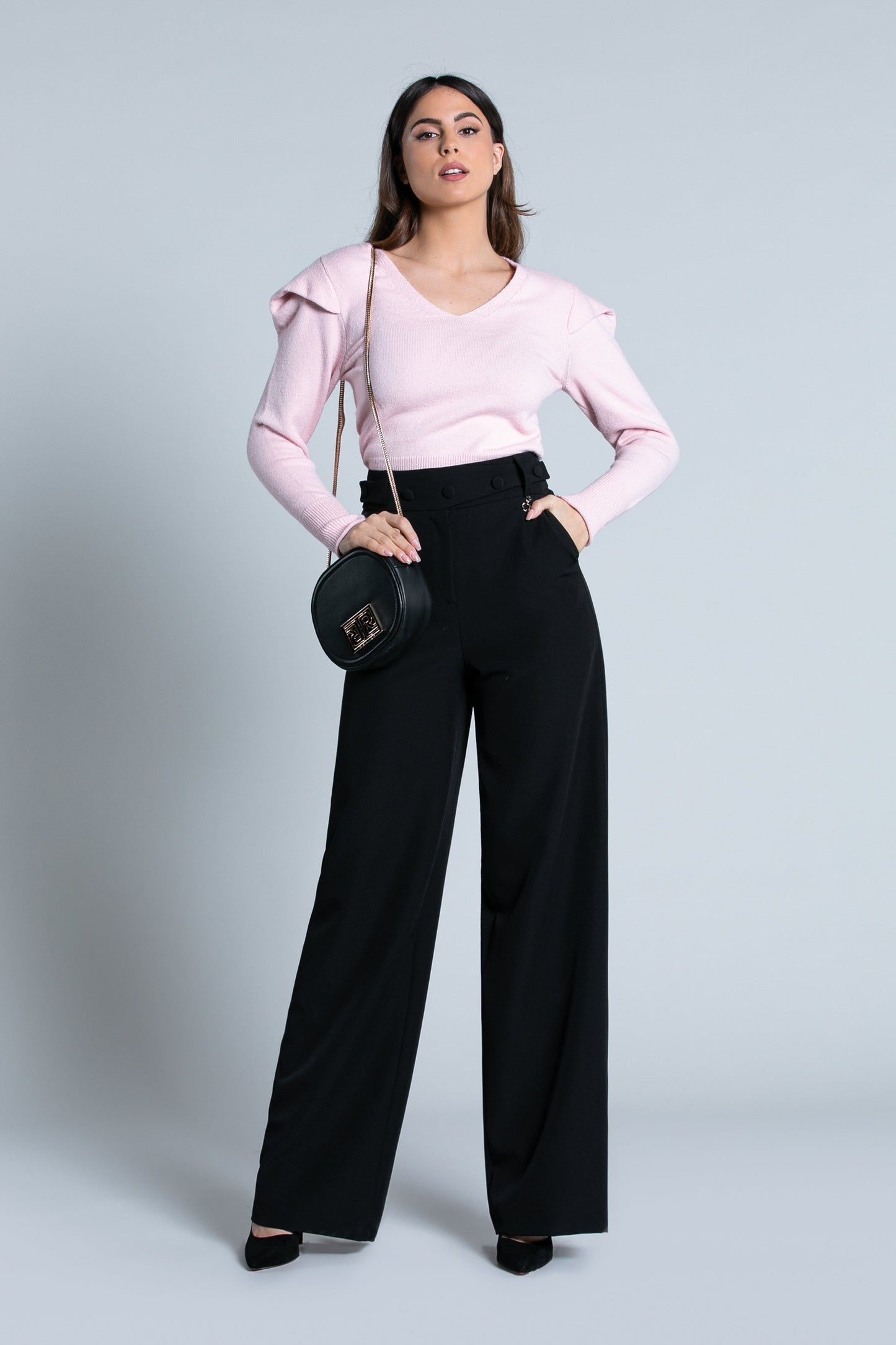 SEDDY 高腰阔腿裤，饰带加纽扣加法式口袋