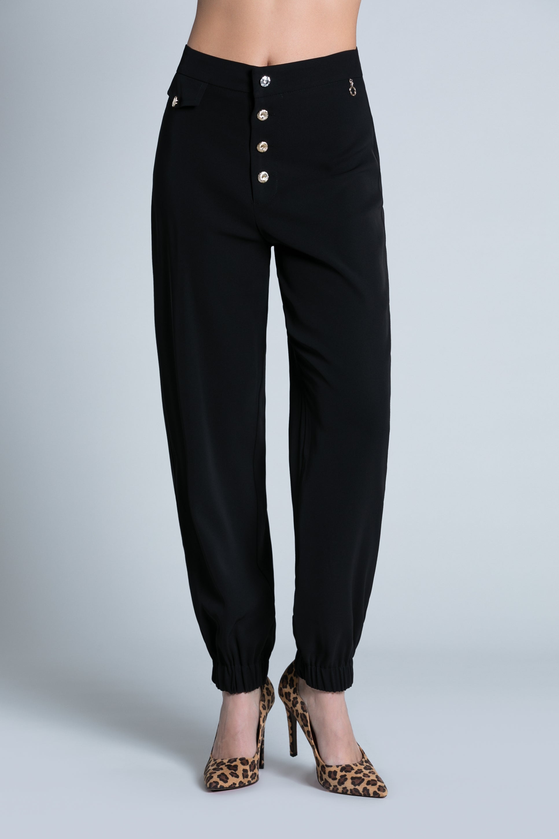 Pantalone CATTLES vita alta con bottoni oro più gioiello più elastico al fondo