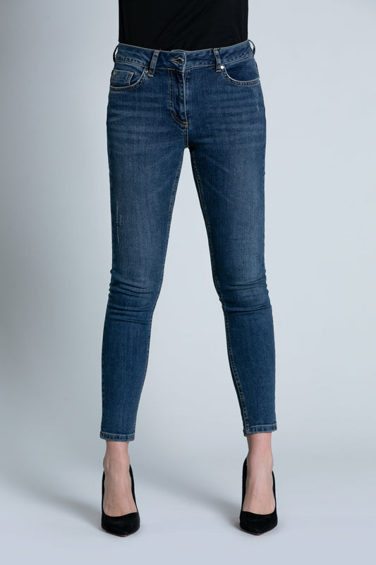 中号蓝色牛仔布 FLOORA_A 5 TS 聚拢牛仔裤，带徽标刺绣加磨损