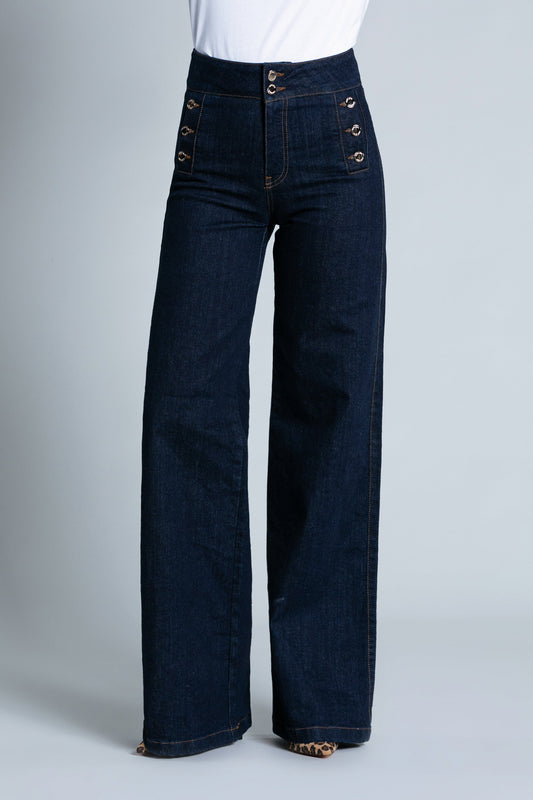 ZAMPISA 高腰喇叭牛仔裤，配贴边袋和纽扣