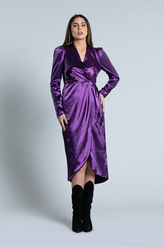 ZIN 中长连衣裙长袖领口加交叉裙子加收腰