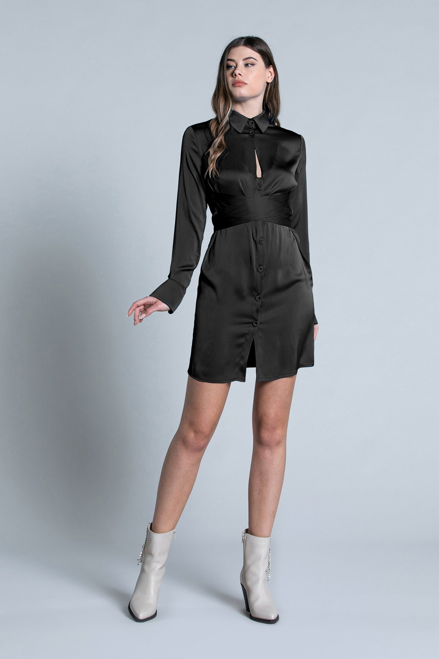 SETUJ 短款长袖衬衫裙配腰带