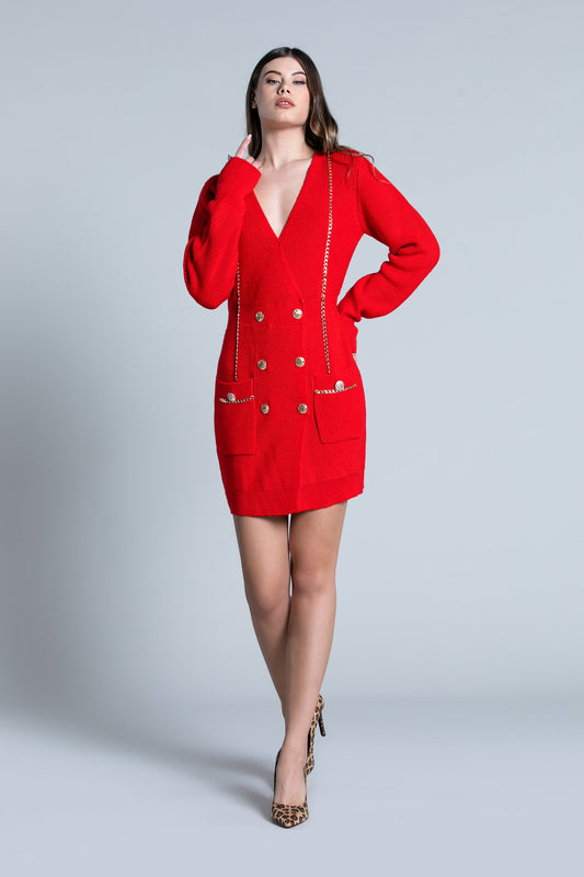 SANTAS 短款双排扣长袖链条加金纽扣加口袋连衣裙