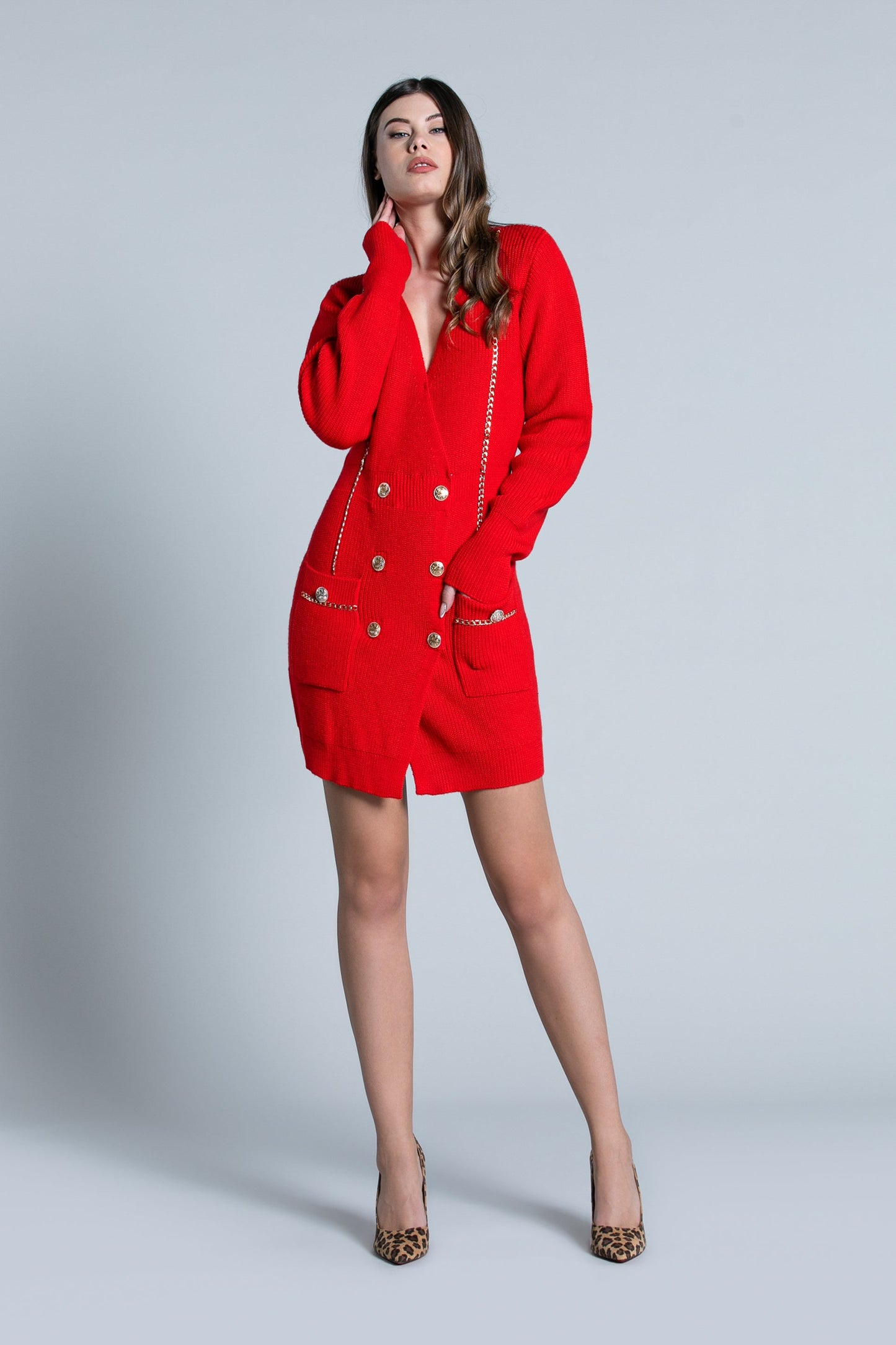 SANTAS 短款双排扣长袖链条加金纽扣加口袋连衣裙