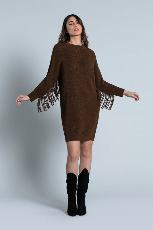 TAURU 短插肩长袖流苏连衣裙