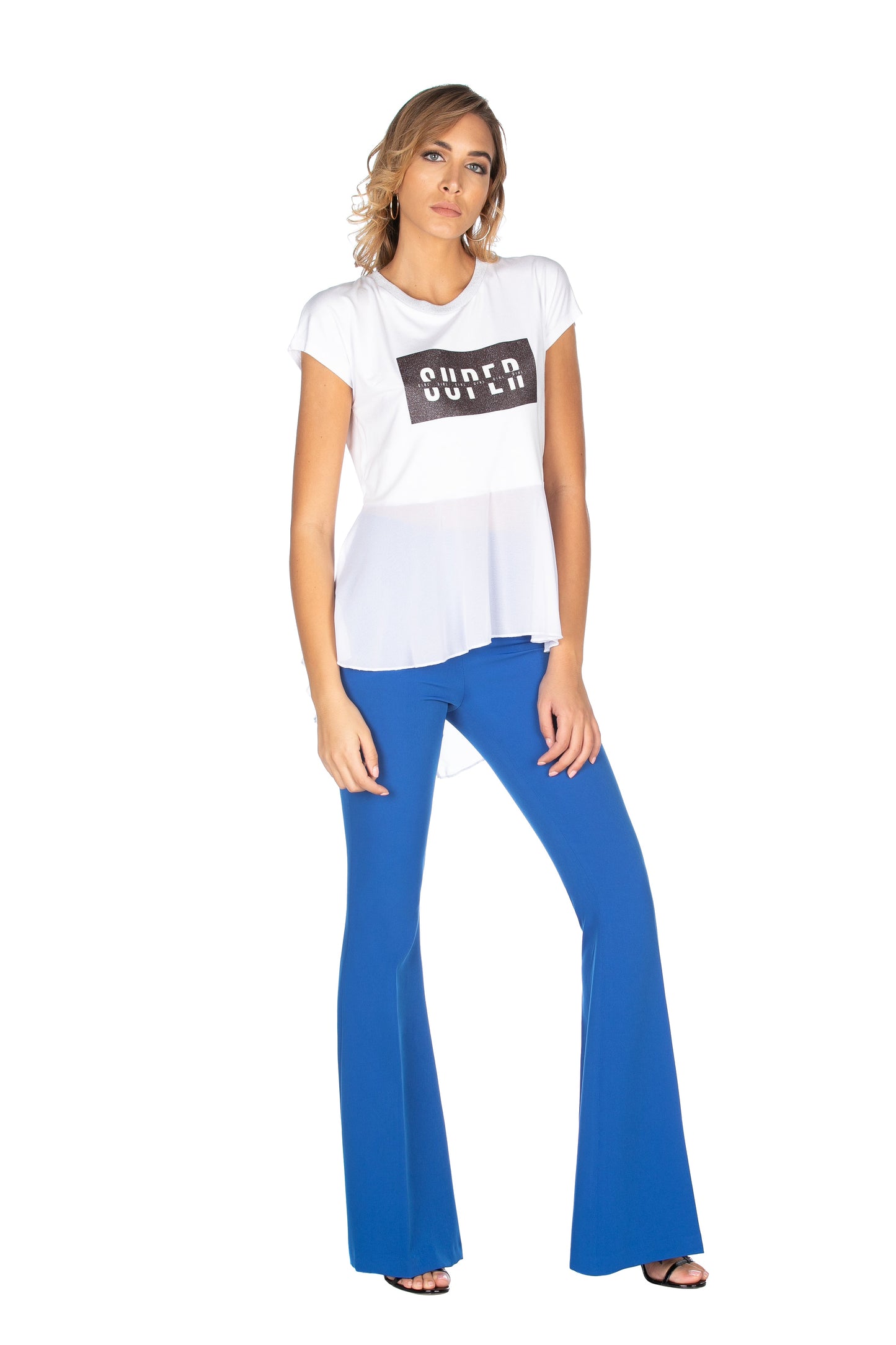 SUPEROR 闪粉印花乔其纱褶边长款半袖 T 恤