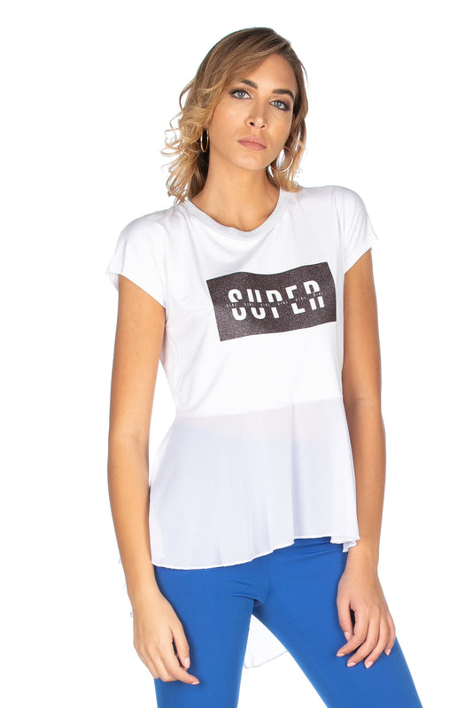 SUPEROR 闪粉印花乔其纱褶边长款半袖 T 恤