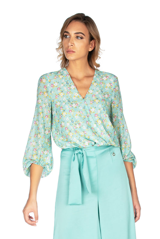 Blouse COLUMN 连体衣长款泡泡袖V领交叉梦幻花朵