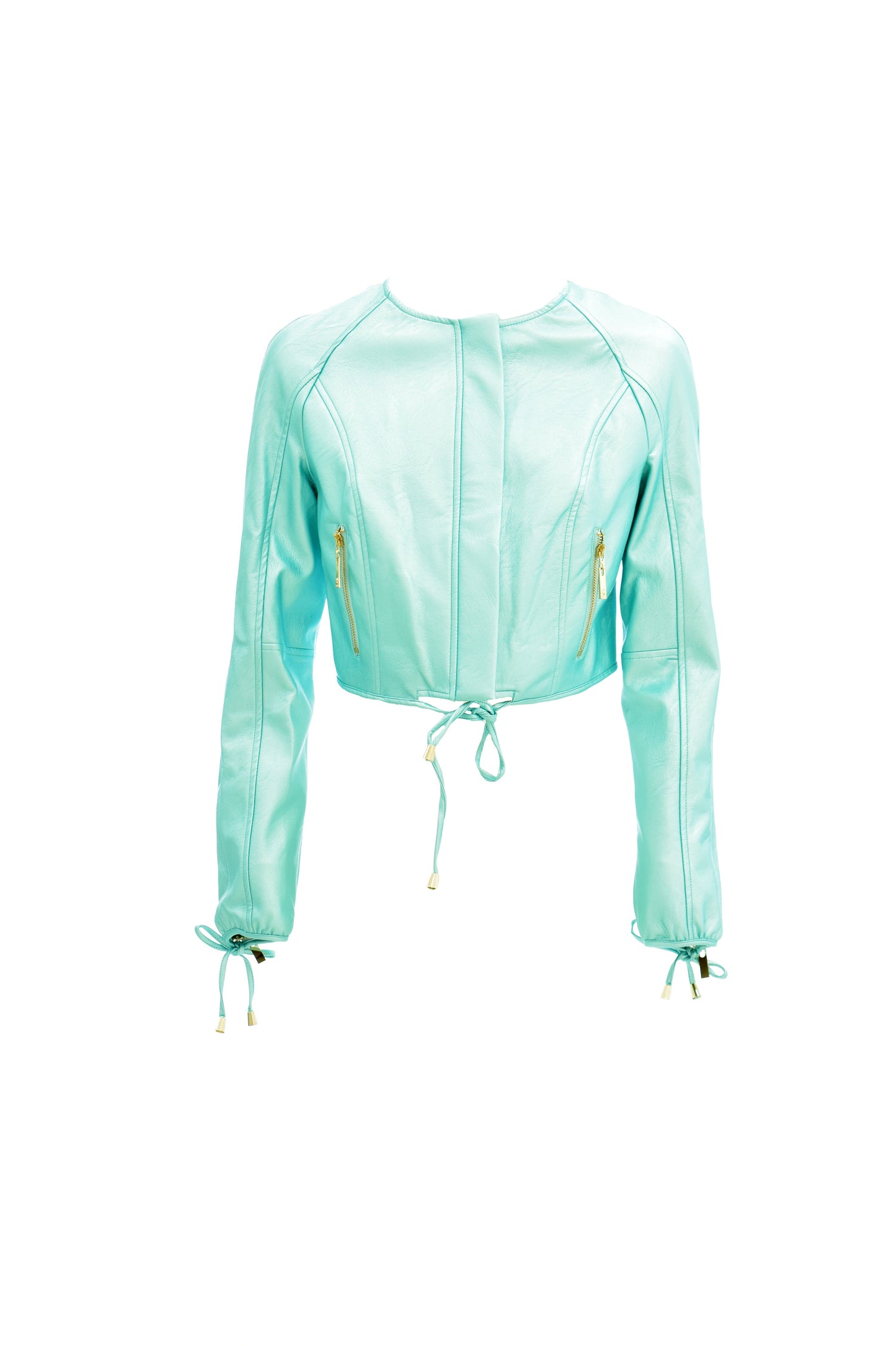 SISSYM 短款人造皮夹克长袖带拉链加卷边圆领系带