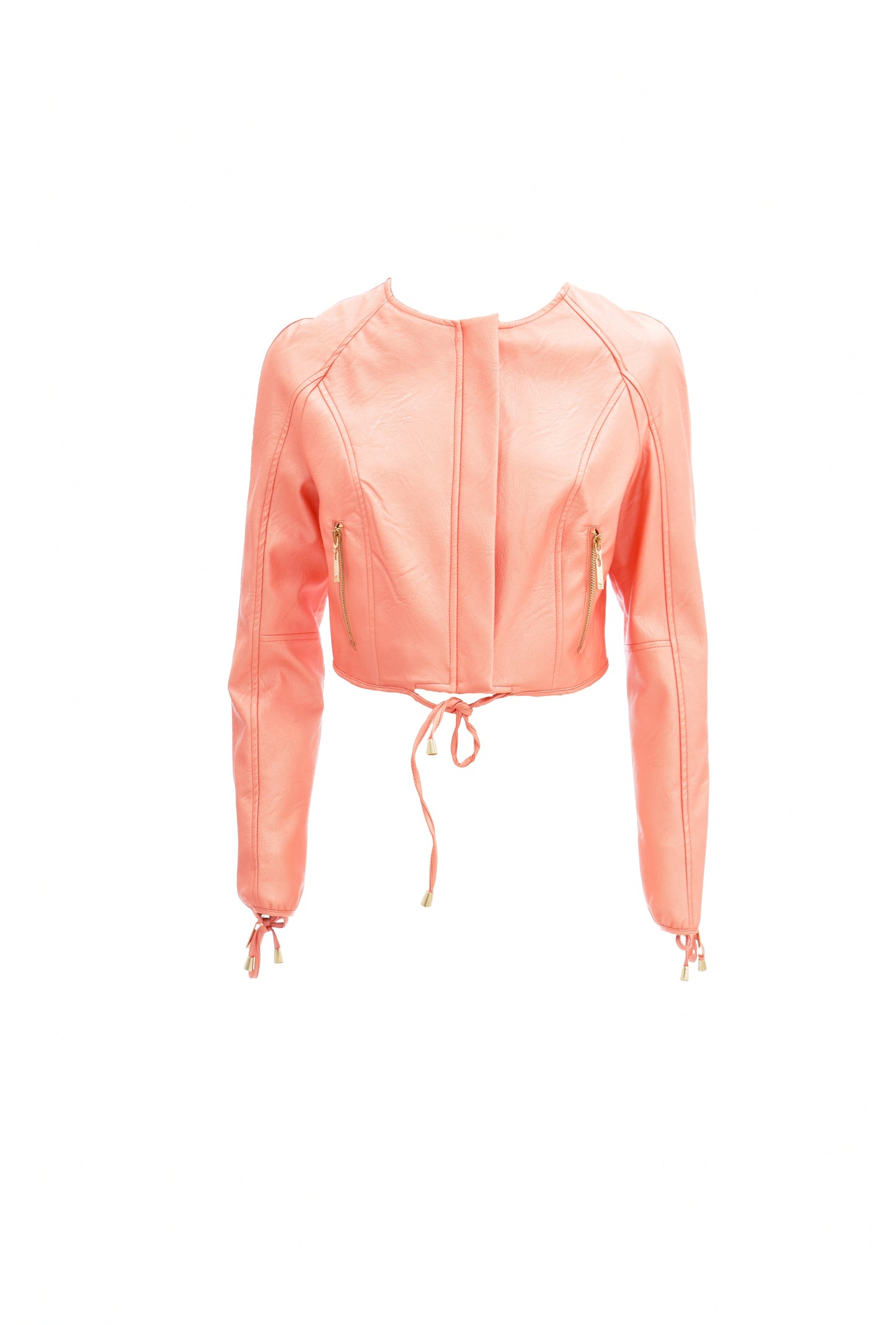 SISSYM 短款人造皮夹克长袖带拉链加卷边圆领系带