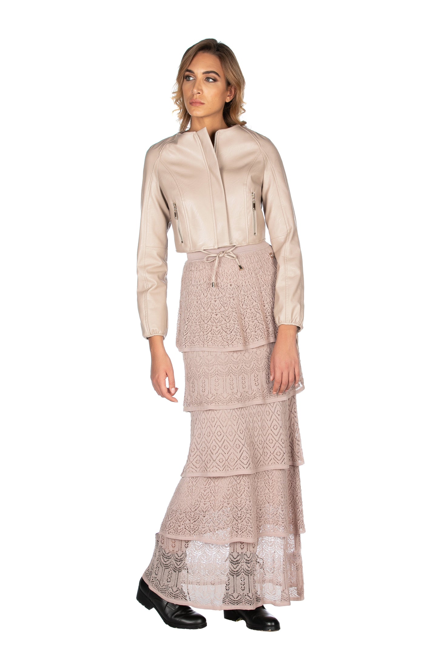 SISSYM 短款人造皮夹克长袖带拉链加卷边圆领系带