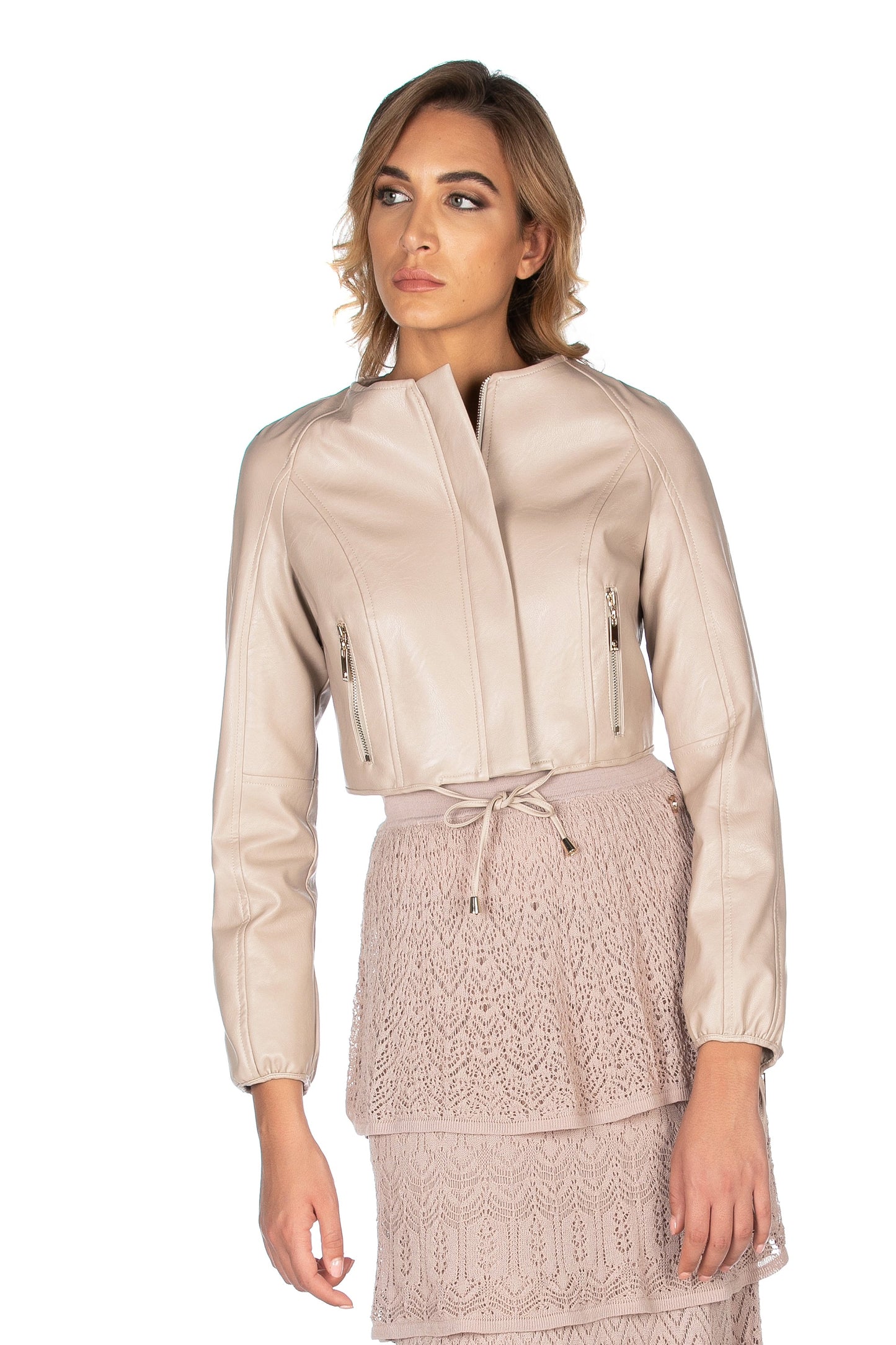 SISSYM 短款人造皮夹克长袖带拉链加卷边圆领系带