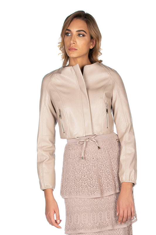 SISSYM 短款人造皮夹克长袖带拉链加卷边圆领系带