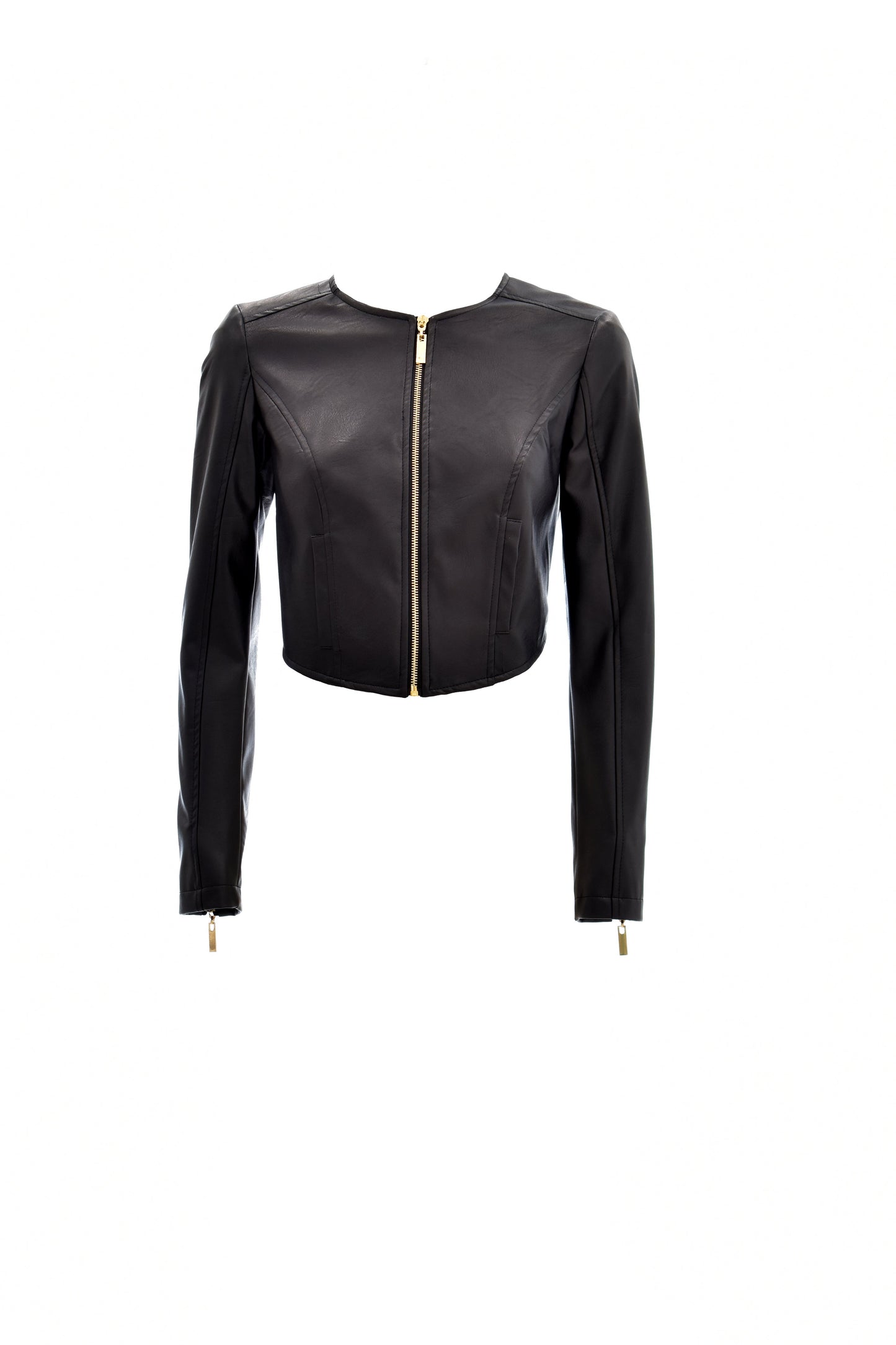 WITION 短款人造革长袖夹克，圆领拉链，背面系带