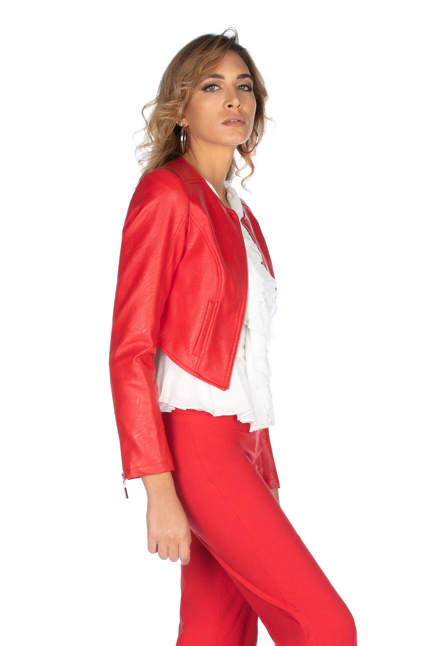 WITION 短款人造革长袖夹克，圆领拉链，背面系带