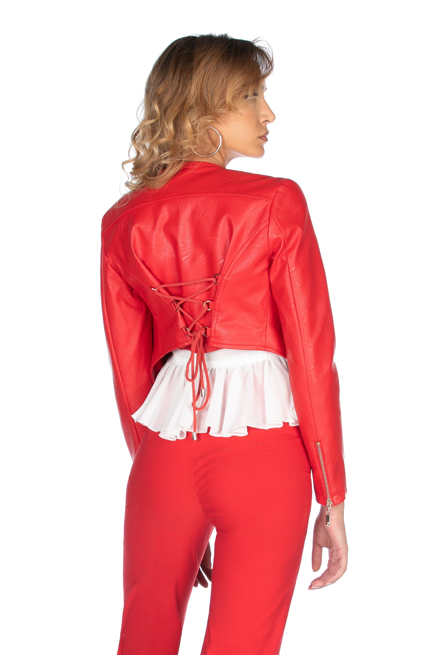 WITION 短款人造革长袖夹克，圆领拉链，背面系带