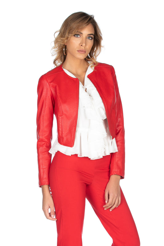 WITION 短款人造革长袖夹克，圆领拉链，背面系带