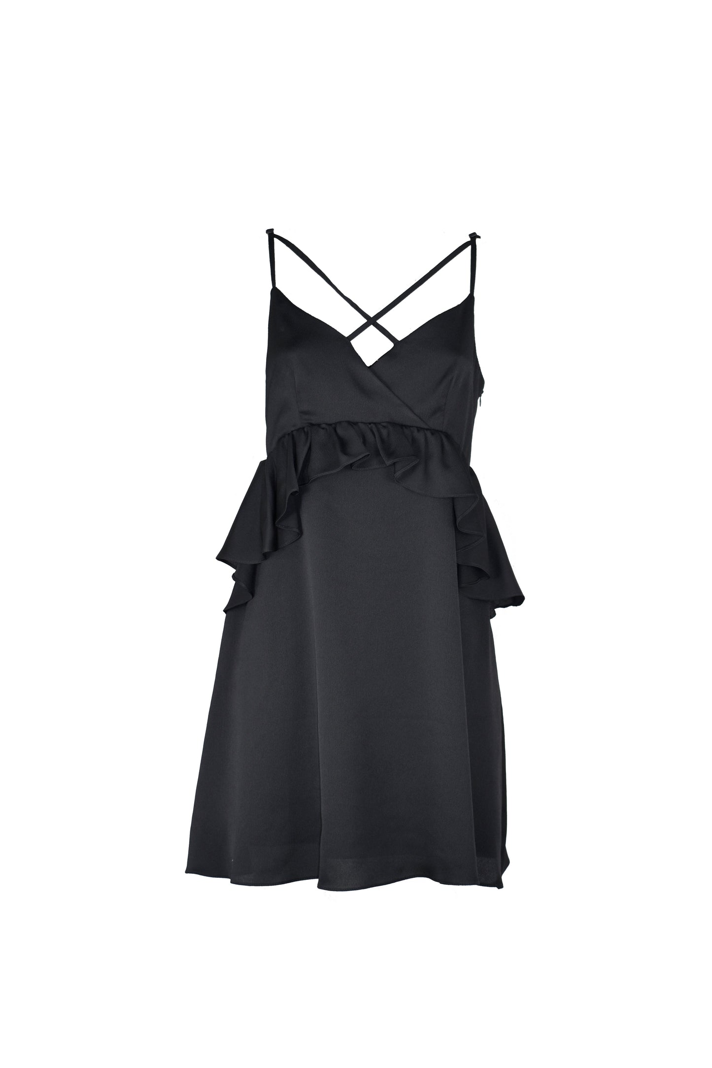 SECONDY 短款缎面无袖连衣裙，交叉肩带，腰部有褶饰