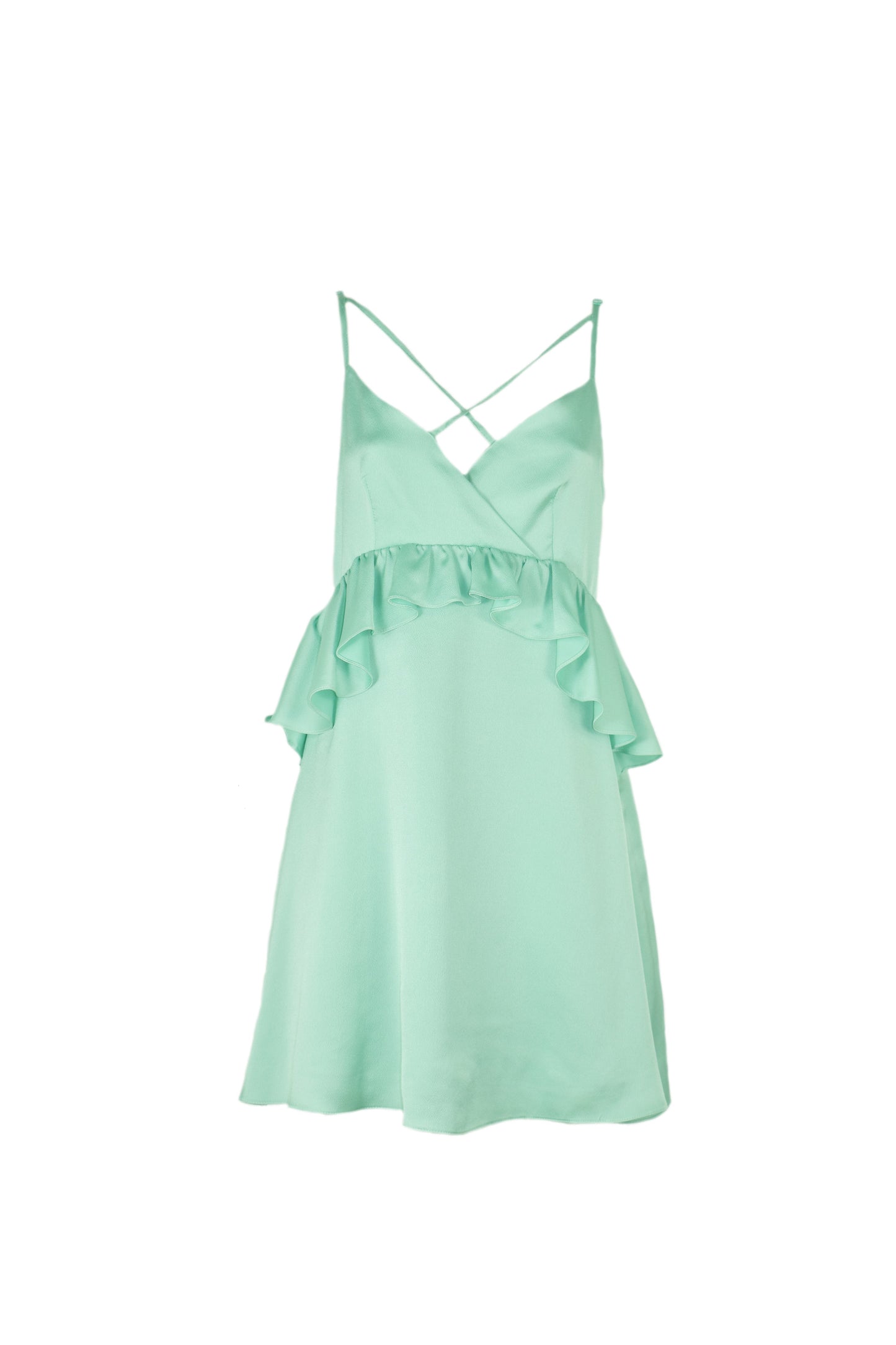 SECONDY 短款缎面无袖连衣裙，交叉肩带，腰部有褶饰