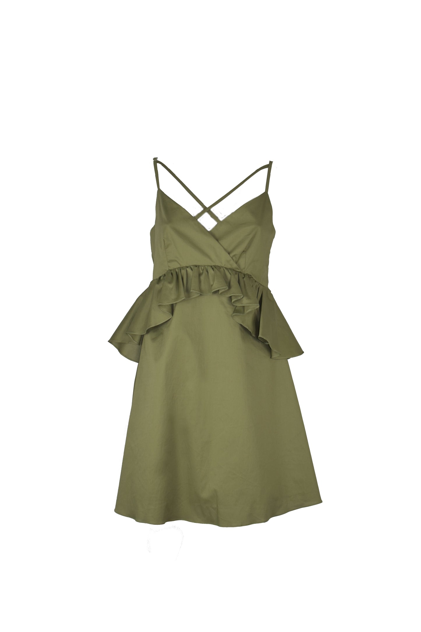 SECONDY-BIS 短款无袖连衣裙，交叉肩带府绸腰部荷叶边