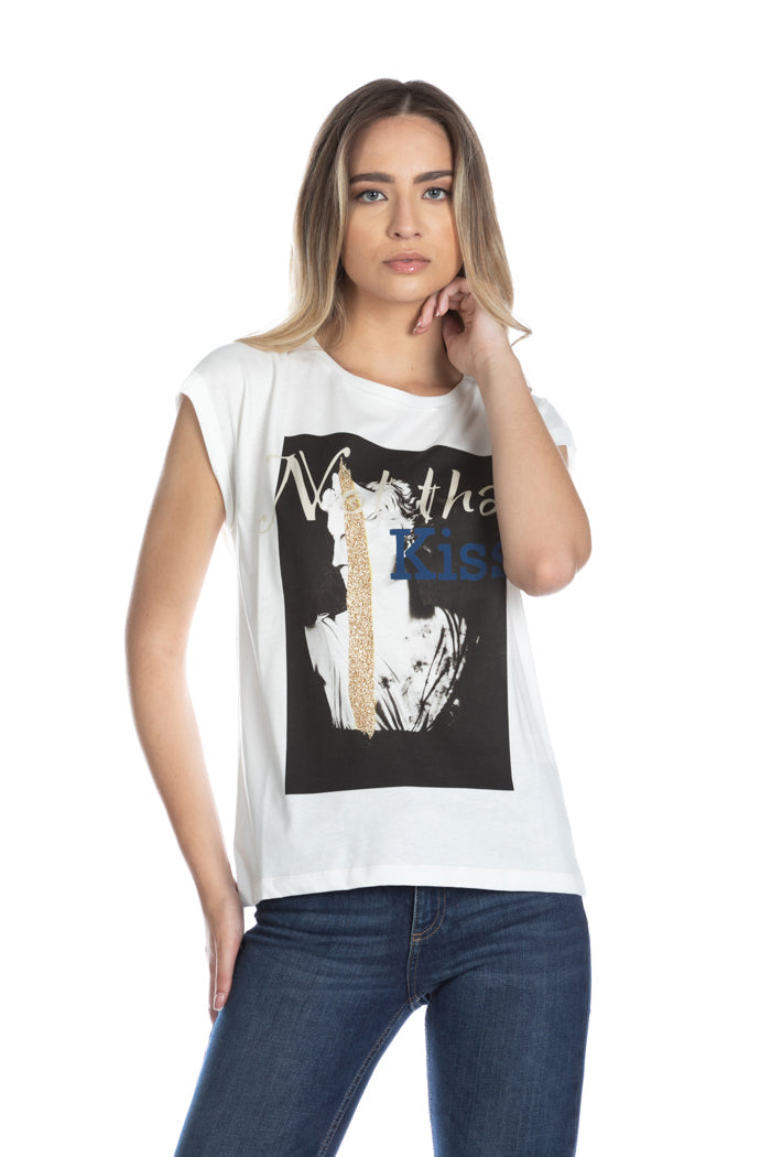 SAWDA 金色亮片印花半袖翻盖 T 恤