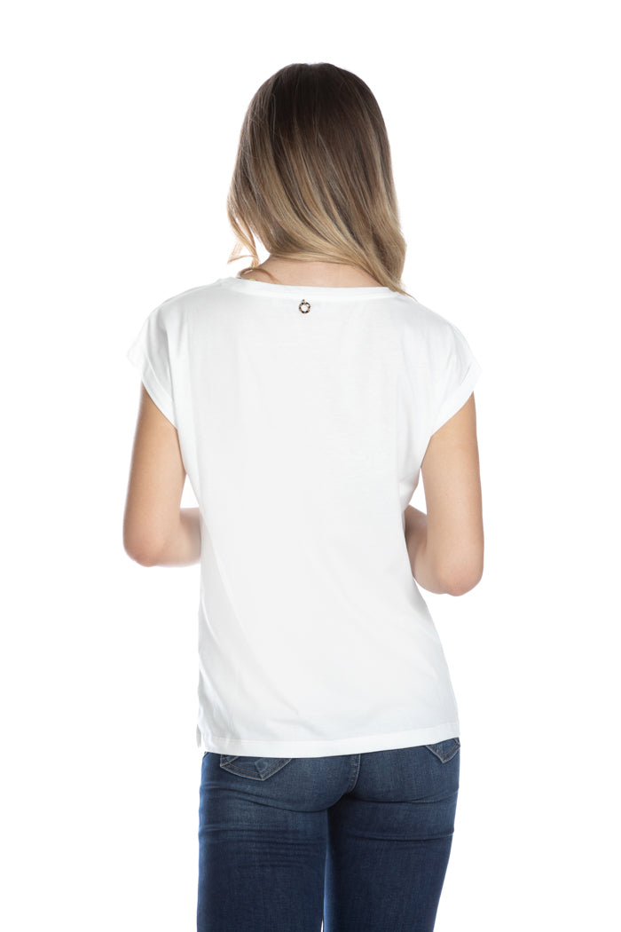 SAWDA 金色亮片印花半袖翻盖 T 恤