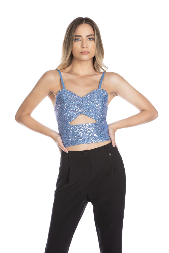 SEMMAMA 短袖无袖心形领口全亮片上衣