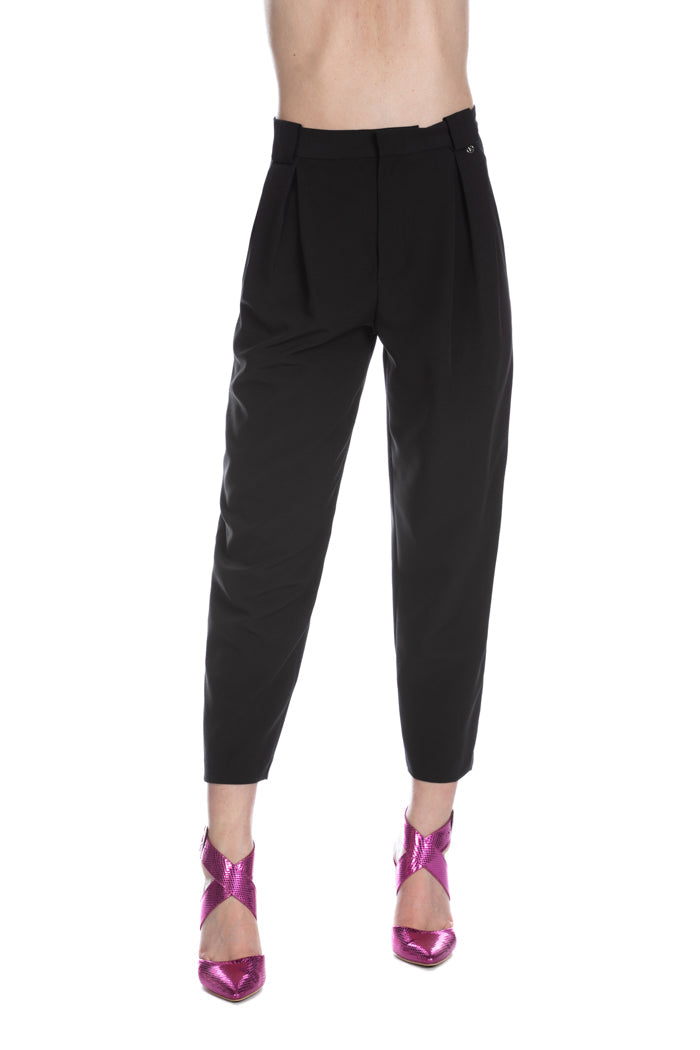 SETMU_BLACK 高腰长裤，带褶皱、腰带环和贴边口袋