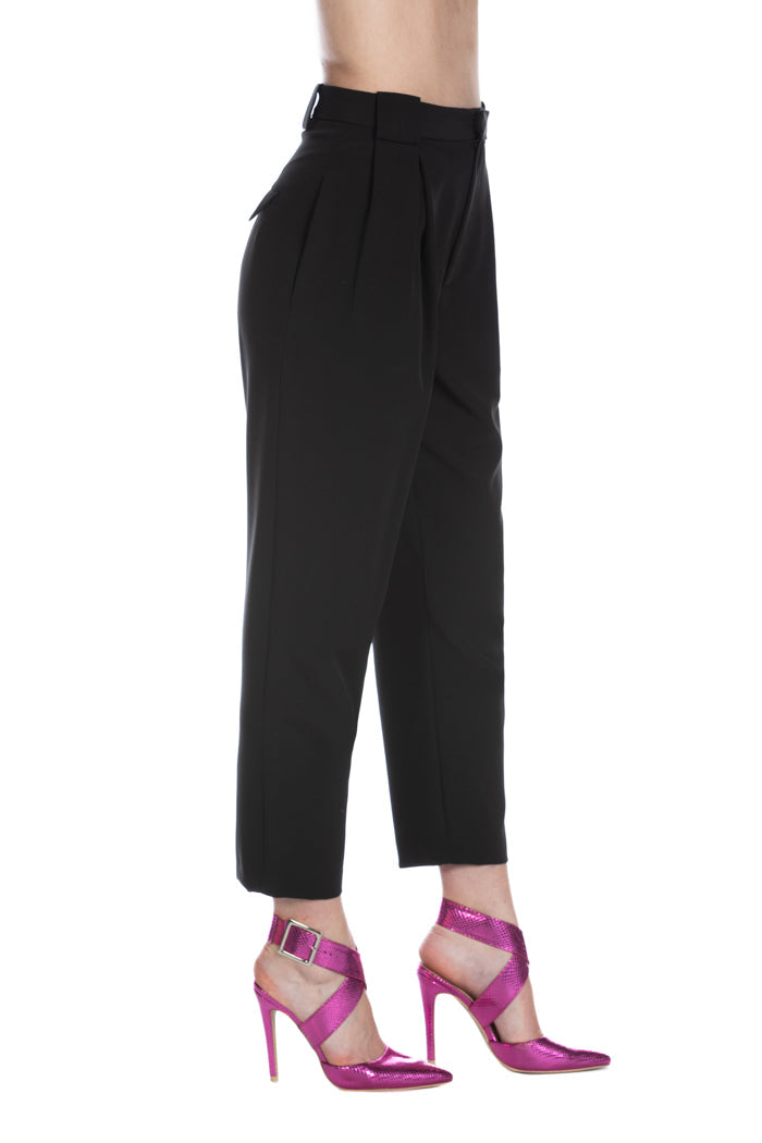 SETMU_BLACK 高腰长裤，带褶皱、腰带环和贴边口袋