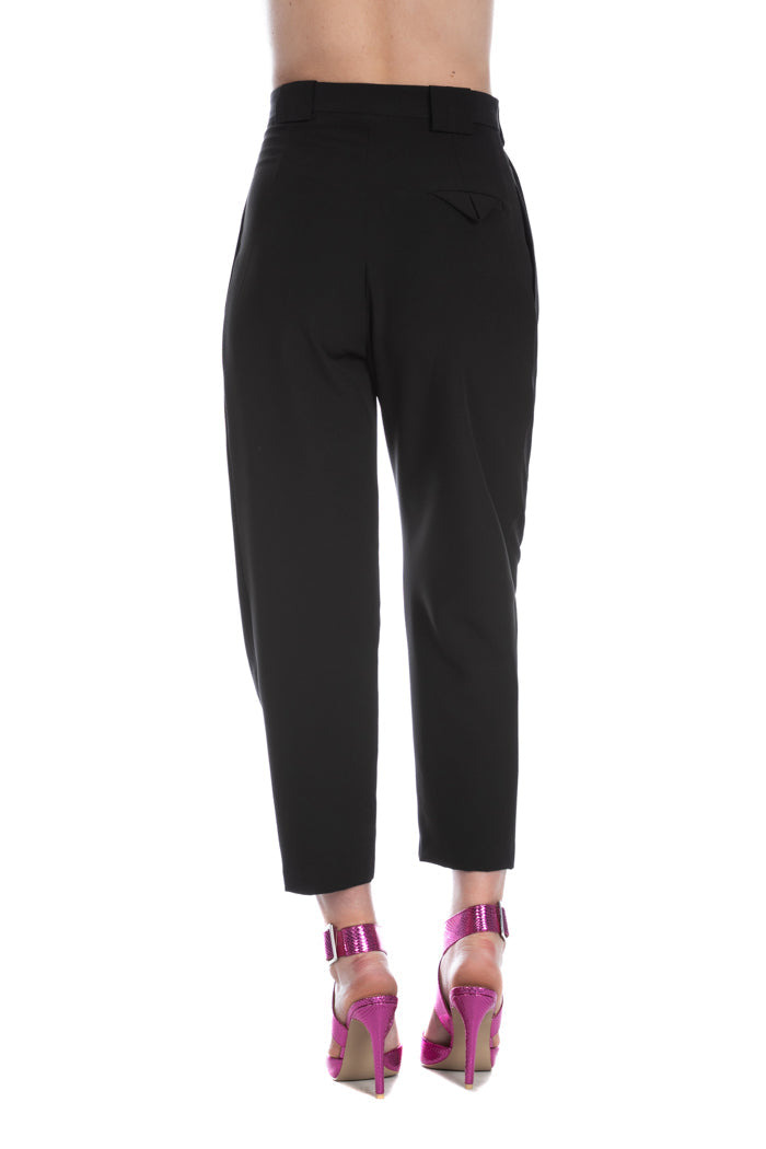 SETMU_BLACK 高腰长裤，带褶皱、腰带环和贴边口袋