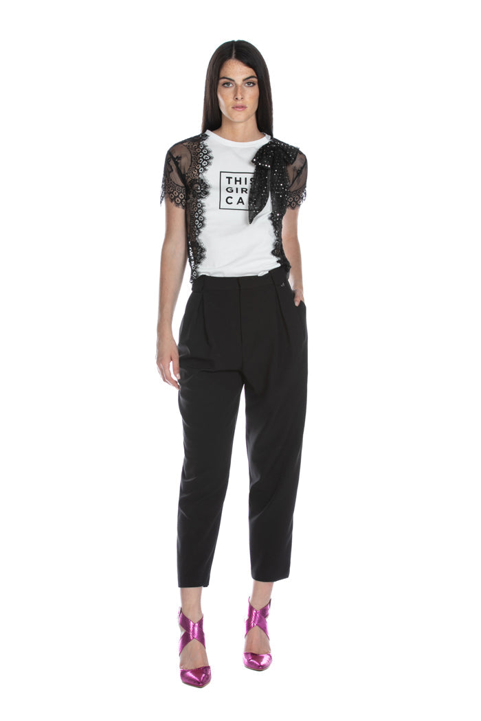 SETMU_BLACK 高腰长裤，带褶皱、腰带环和贴边口袋