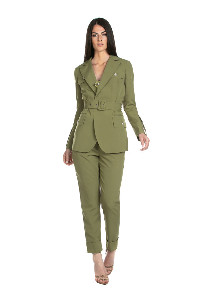 SIVLING 青蛙加军团纽扣高腰长裤带口袋加袖口