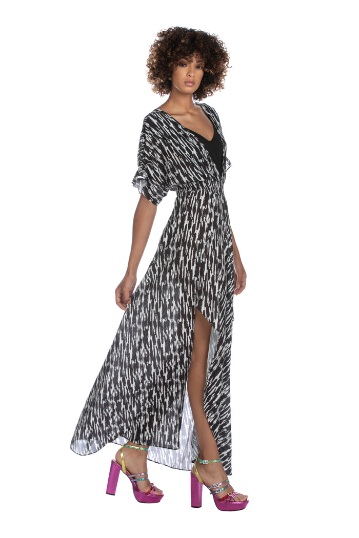 REANI 长半袖烟熏缝双 V 领抽象梦幻和服连衣裙