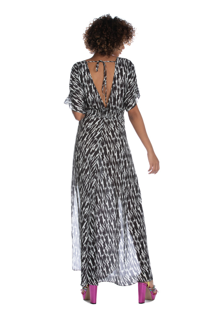 REANI 长半袖烟熏缝双 V 领抽象梦幻和服连衣裙