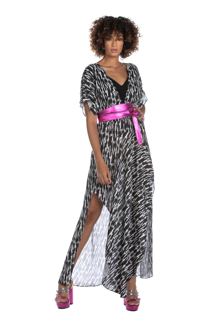 REANI 长半袖烟熏缝双 V 领抽象梦幻和服连衣裙