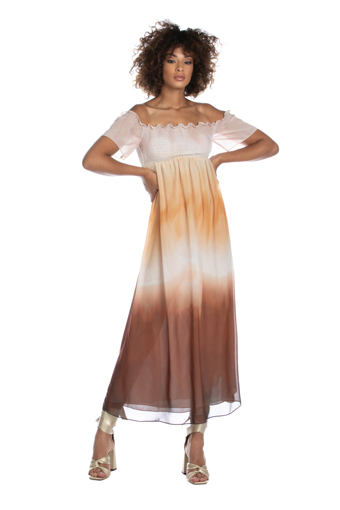 FRIOLI 长款半袖船领连衣裙，带阴影梦幻烟熏缝线